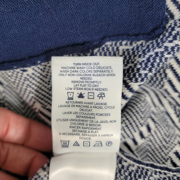 Lands' End Jacquard Open-Front Long Cardigan Sweater Deep Sea Navy Chevron Sz L - Picture 8 of 10